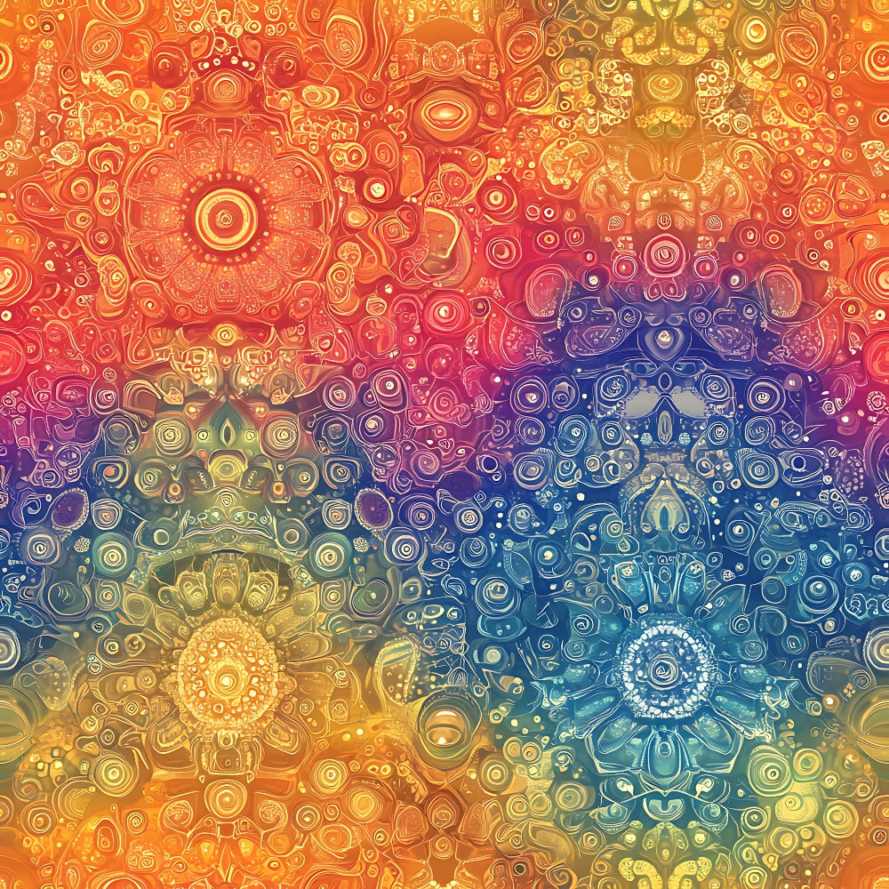 orange, red, blue, yellow, purple, mandala, rainbow gradient, circular patterns, geometric designs, bohemian, psychedelic, swirls, dots, ornate details,, fabric panel, vibrant colors, kaleidoscope, medallion motifs, artistic