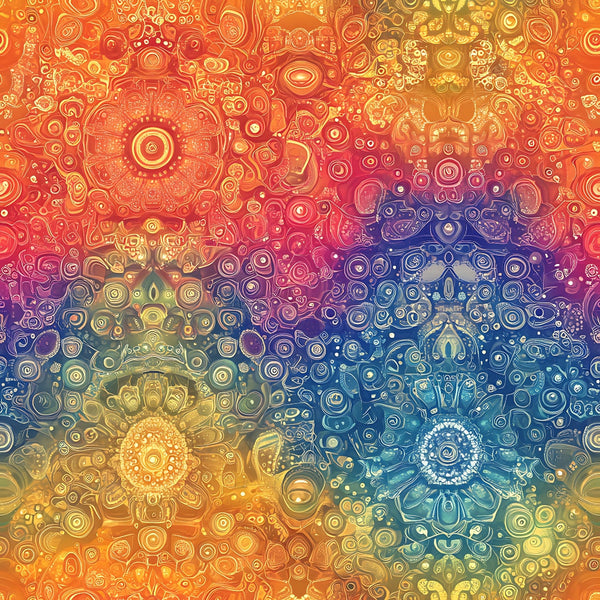orange, red, blue, yellow, purple, mandala, rainbow gradient, circular patterns, geometric designs, bohemian, psychedelic, swirls, dots, ornate details,, fabric panel, vibrant colors, kaleidoscope, medallion motifs, artistic