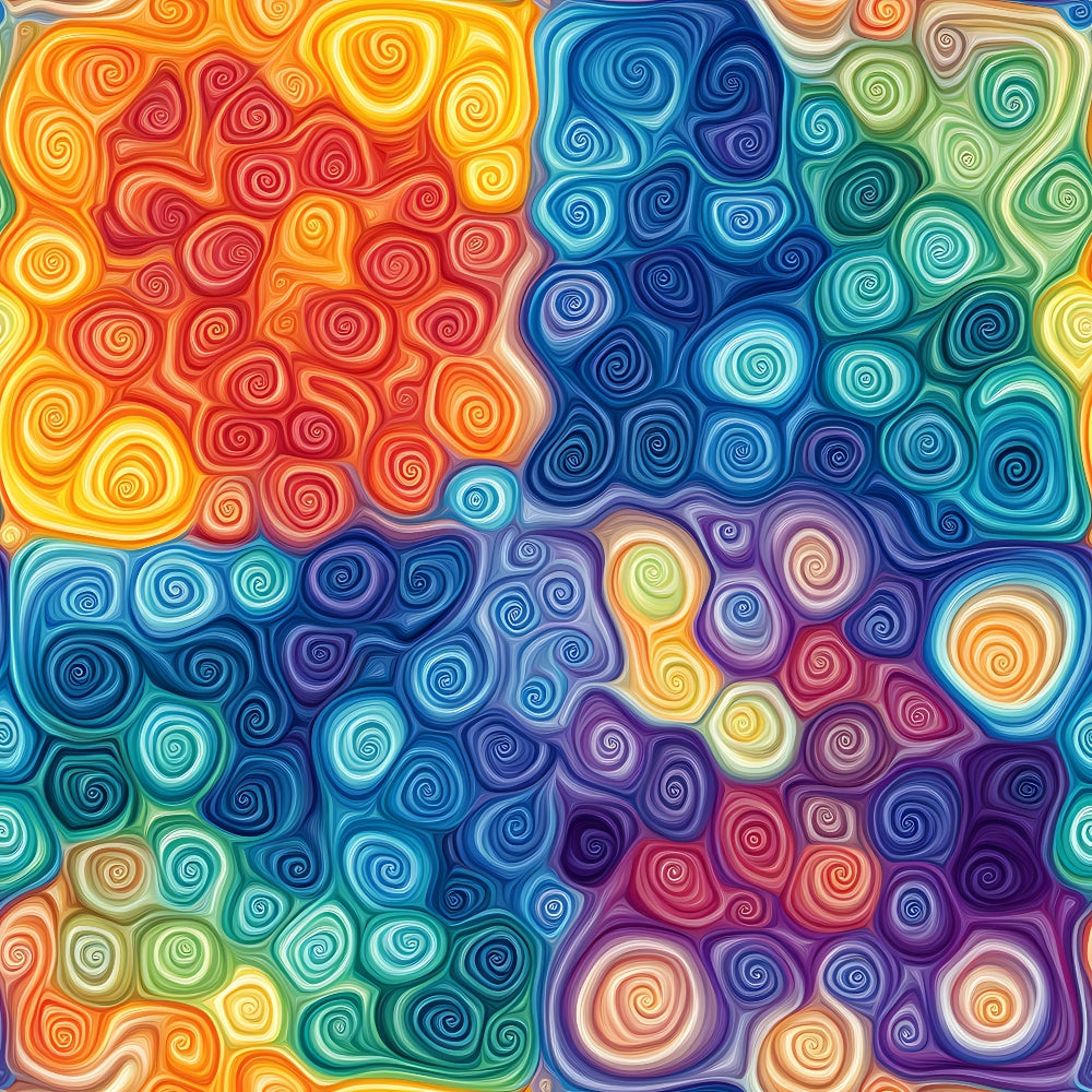 rainbow colors, swirl patterns, spiral motifs, orange, red, yellow, blue, purple, green, teal, mandala design, psychedelic art, flowing curves, vibrant hues,, fabric panel, abstract swirls, colorful spirals, geometric circles, bohemian style