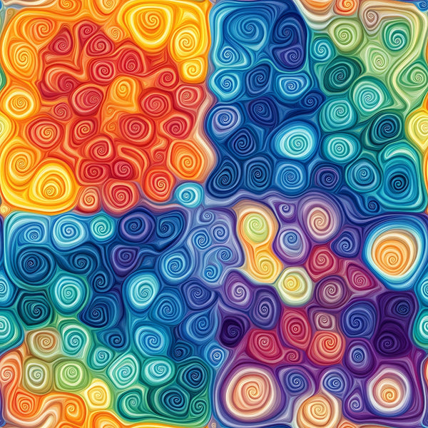 rainbow colors, swirl patterns, spiral motifs, orange, red, yellow, blue, purple, green, teal, mandala design, psychedelic art, flowing curves, vibrant hues,, fabric panel, abstract swirls, colorful spirals, geometric circles, bohemian style