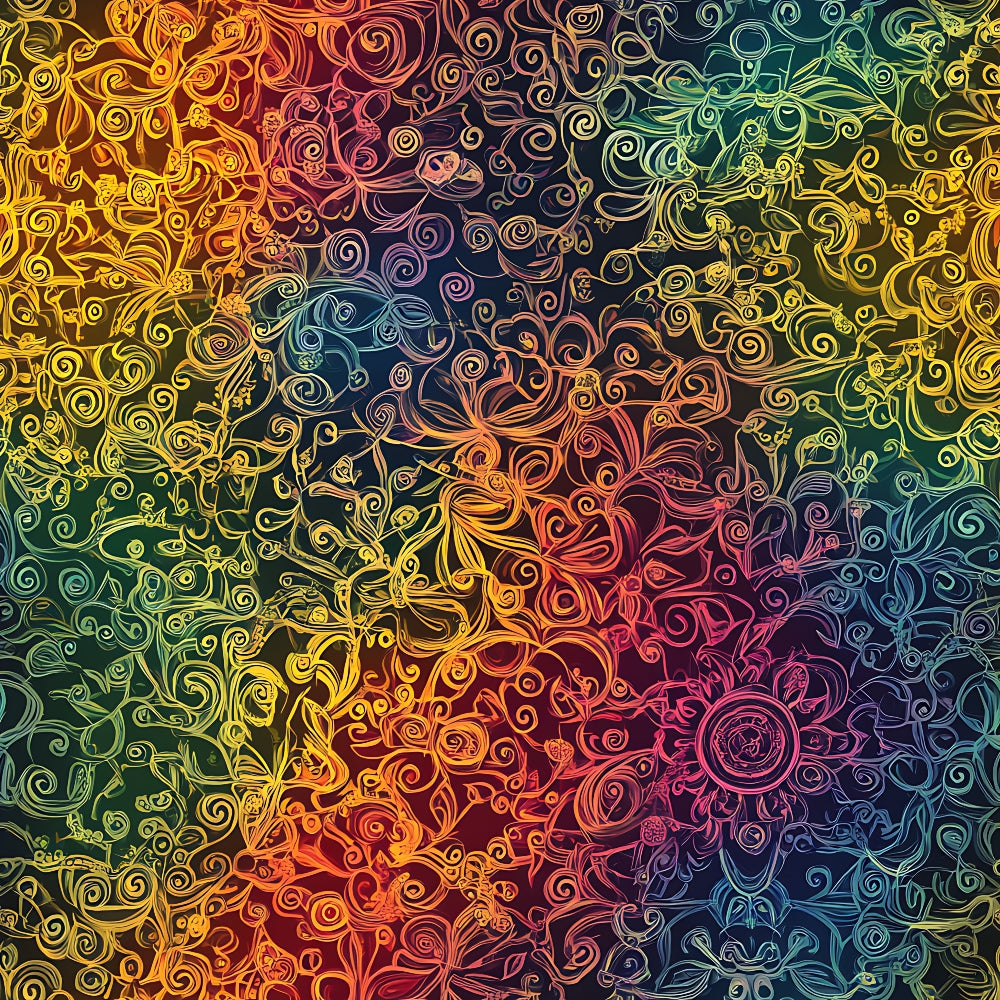 rainbow gradient, mandala design, swirling patterns, intricate scrollwork, yellow, orange, red, purple, blue, green, ornate flourishes, circular motifs, decorative swirls,, fabric panel, bohemian style, psychedelic art, flowing curves, zentangle patterns, vibrant colors