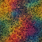rainbow gradient, mandala design, swirling patterns, intricate scrollwork, yellow, orange, red, purple, blue, green, ornate flourishes, circular motifs, decorative swirls,, fabric panel, bohemian style, psychedelic art, flowing curves, zentangle patterns, vibrant colors