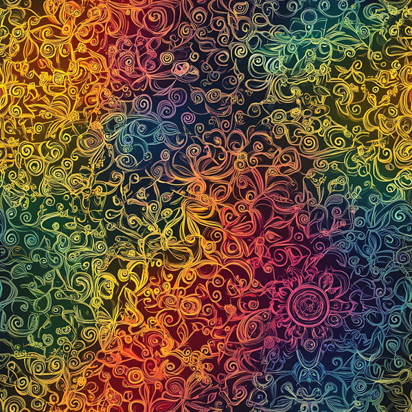 rainbow gradient, mandala design, swirling patterns, intricate scrollwork, yellow, orange, red, purple, blue, green, ornate flourishes, circular motifs, decorative swirls,, fabric panel, bohemian style, psychedelic art, flowing curves, zentangle patterns, vibrant colors