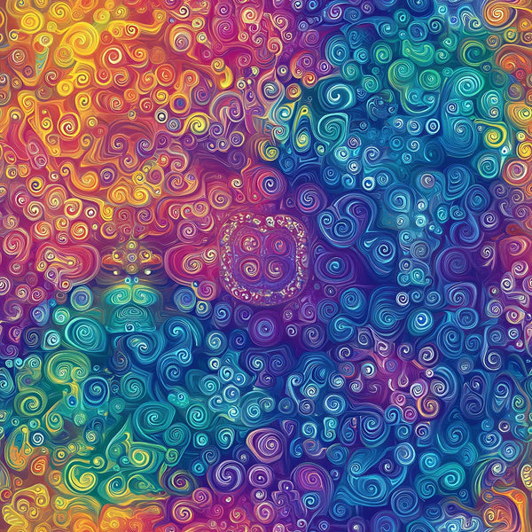 rainbow colors, mandala pattern, swirls, spirals, vibrant hues, yellow, orange, pink, purple, blue, teal, turquoise, psychedelic style, bohemian design, geometric circles, flowing patterns,, fabric panel, mystical motifs, colorful swirls