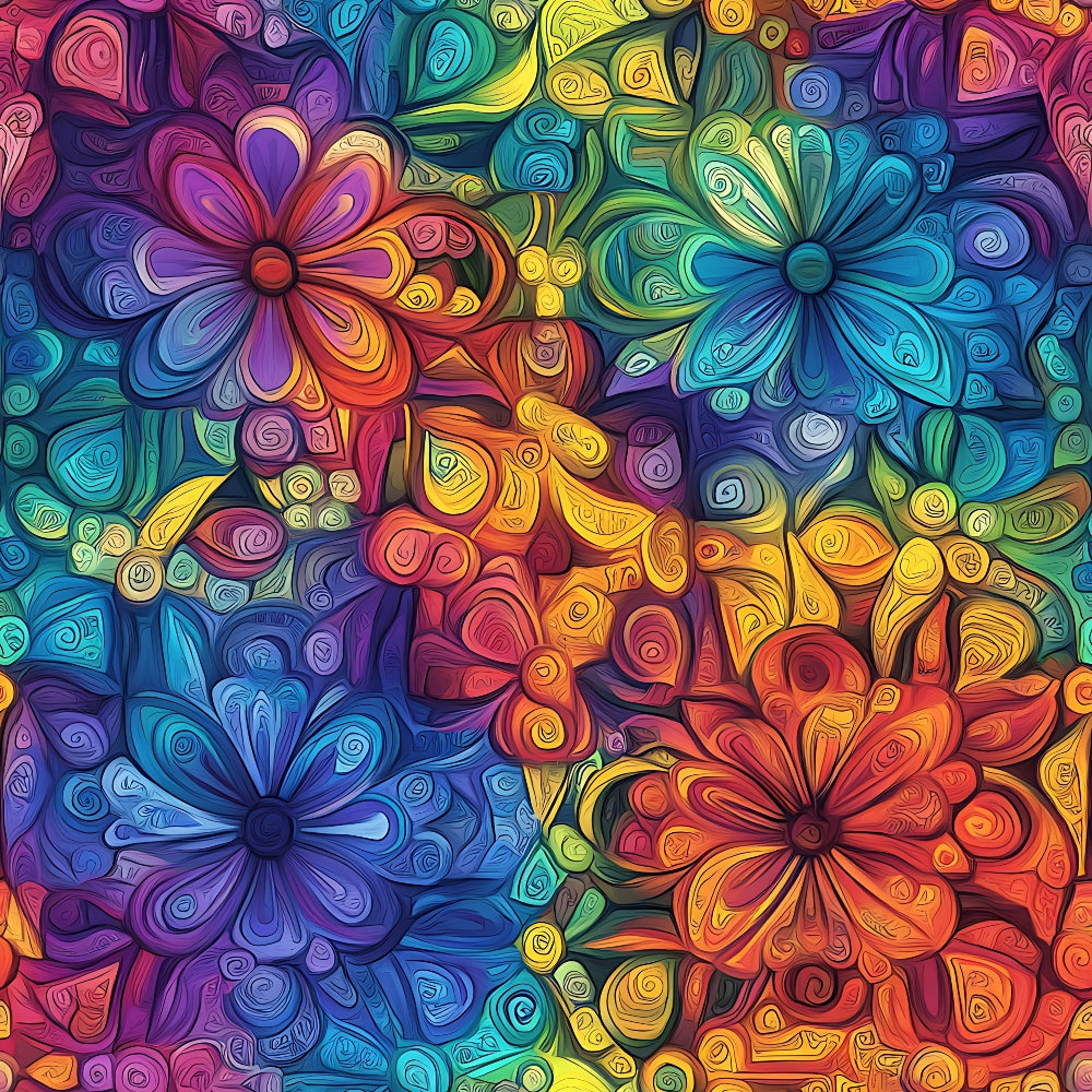 rainbow colors, mandala flowers, swirling patterns, vibrant hues, purple petals, blue blooms, orange flowers, yellow accents, teal shades, pink elements,, fabric panel, psychedelic style, floral motifs, curved lines, spirals, bohemian design, kaleidoscope effect, colorful blooms
