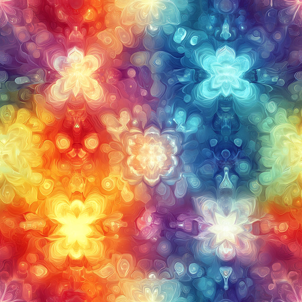rainbow colors, mandala pattern, kaleidoscope design, geometric flowers, red orange yellow, blue purple teal, symmetrical design, psychedelic art, bohemian style, spiritual motifs,, fabric panel, vibrant hues, flowing patterns, abstract florals, meditation inspired, circular motifs, tie-dye effect, fractal patterns
