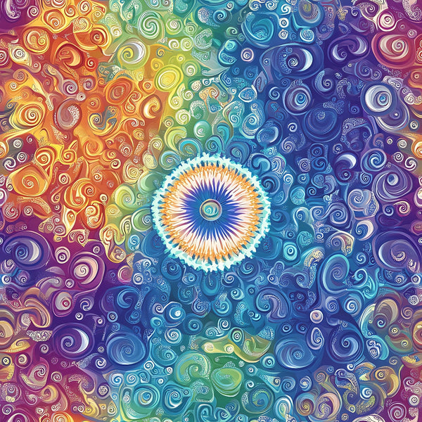 rainbow mandala, circular pattern, swirls, spirals, orange, yellow, green, blue, purple, magenta, gradient colors, psychedelic art, bohemian style, meditation design, chakra colors,, fabric panel, geometric mandala, colorful swirls, zen pattern, spiritual design