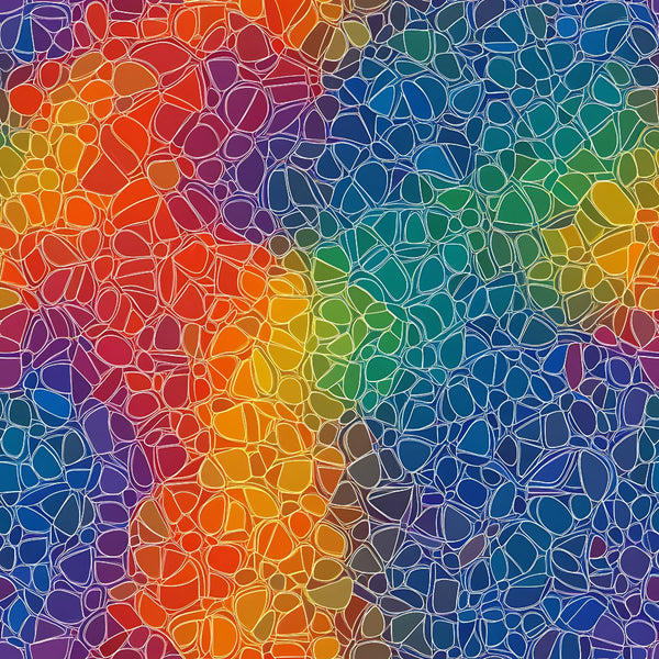 rainbow colors, mandala pattern, stained glass effect, mosaic design, vibrant hues, geometric shapes, circular motifs, red, orange, yellow, green, blue, purple,, fabric panel, kaleidoscope pattern, abstract art, colorful tessellation, organic shapes, artistic design