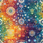 rainbow colors, mandala patterns, circular motifs, geometric designs, kaleidoscope effect, warm oranges, cool blues, deep purples, bright yellows, teal greens, intricate details, bohemian style, spiritual symbols,, fabric panel, psychedelic art, concentric circles, vibrant hues, abstract patterns, meditation imagery