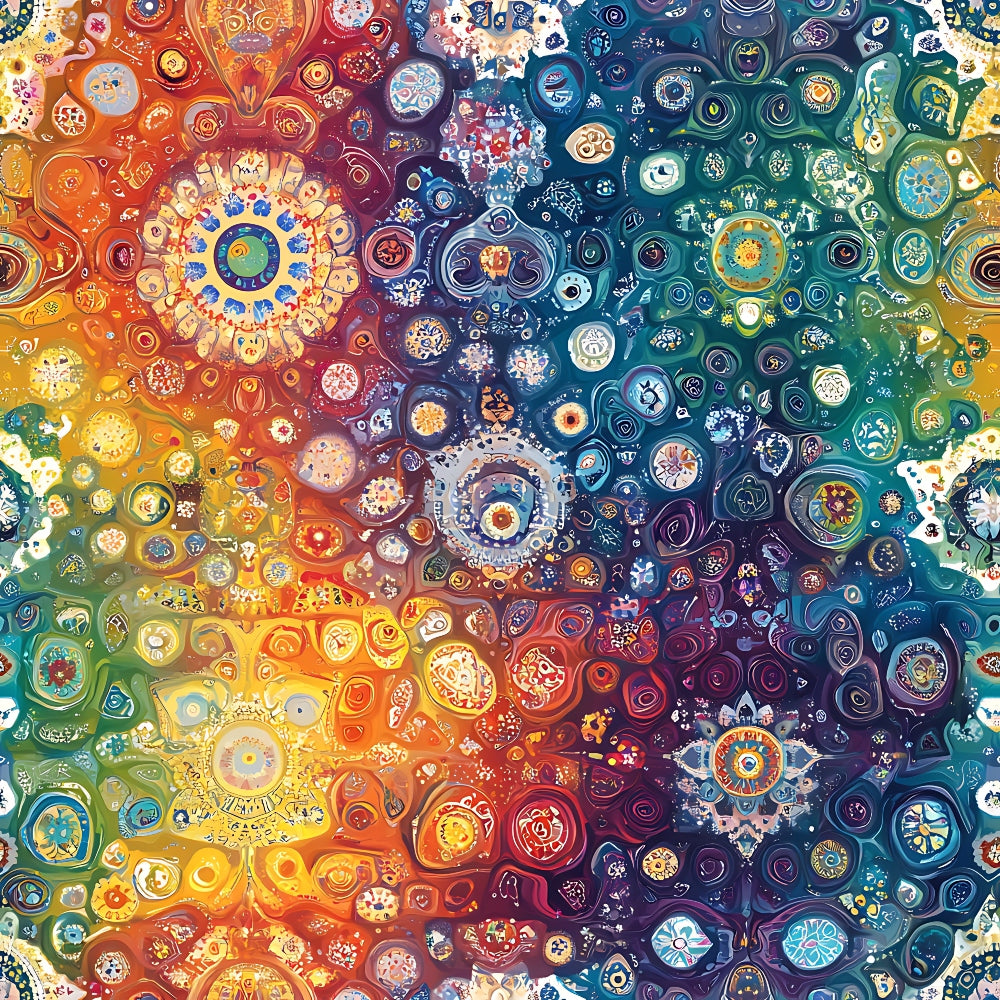 rainbow colors, mandala patterns, circular motifs, geometric designs, kaleidoscope effect, warm oranges, cool blues, deep purples, bright yellows, teal greens, intricate details, bohemian style, spiritual symbols,, fabric panel, psychedelic art, concentric circles, vibrant hues, abstract patterns, meditation imagery