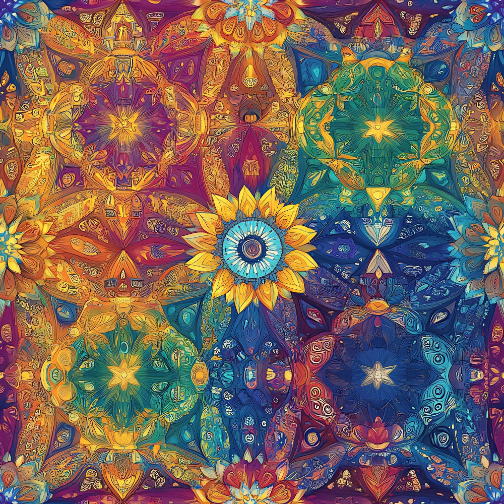 rainbow colors, mandala pattern, geometric designs, kaleidoscope motifs, purple, blue, orange, yellow, teal, intricate details, spiritual symbols, bohemian style, psychedelic art,, fabric panel, mystical patterns, circular medallions, ornate flourishes, vibrant hues, decorative elements