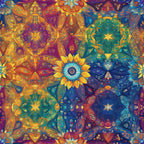 rainbow colors, mandala pattern, geometric designs, kaleidoscope motifs, purple, blue, orange, yellow, teal, intricate details, spiritual symbols, bohemian style, psychedelic art,, fabric panel, mystical patterns, circular medallions, ornate flourishes, vibrant hues, decorative elements