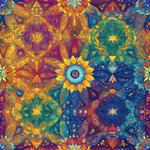 rainbow colors, mandala pattern, geometric designs, kaleidoscope motifs, purple, blue, orange, yellow, teal, intricate details, spiritual symbols, bohemian style, psychedelic art,, fabric panel, mystical patterns, circular medallions, ornate flourishes, vibrant hues, decorative elements