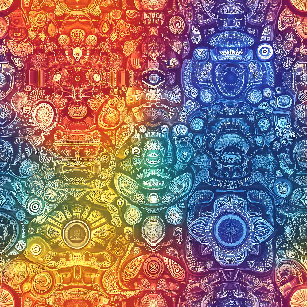 rainbow gradient, mandala patterns, intricate designs, circular motifs, ornate details, red orange yellow, blue purple teal, geometric shapes, spiritual symbols, bohemian style,, fabric panel, mystical artwork, decorative circles, flowing transitions, ancient symbols, detailed linework, vibrant spectrum, sacred geometry, artistic patterns