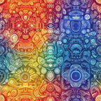 rainbow gradient, mandala patterns, intricate designs, circular motifs, ornate details, red orange yellow, blue purple teal, geometric shapes, spiritual symbols, bohemian style,, fabric panel, mystical artwork, decorative circles, flowing transitions, ancient symbols, detailed linework, vibrant spectrum, sacred geometry, artistic patterns