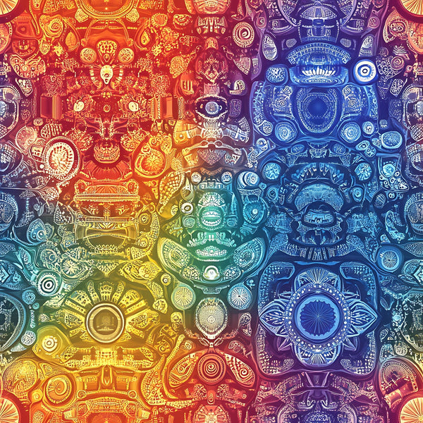 rainbow gradient, mandala patterns, intricate designs, circular motifs, ornate details, red orange yellow, blue purple teal, geometric shapes, spiritual symbols, bohemian style,, fabric panel, mystical artwork, decorative circles, flowing transitions, ancient symbols, detailed linework, vibrant spectrum, sacred geometry, artistic patterns