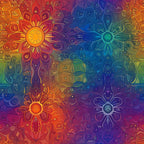 rainbow gradient, mandala flowers, geometric patterns, orange center, blue tones, purple hues, green accents, red orange, spiritual design, bohemian style, meditation motif, symmetrical flowers, psychedelic art, vibrant colors,, fabric panel, kaleidoscope effect, floral mandalas, artistic print, colorful blooms