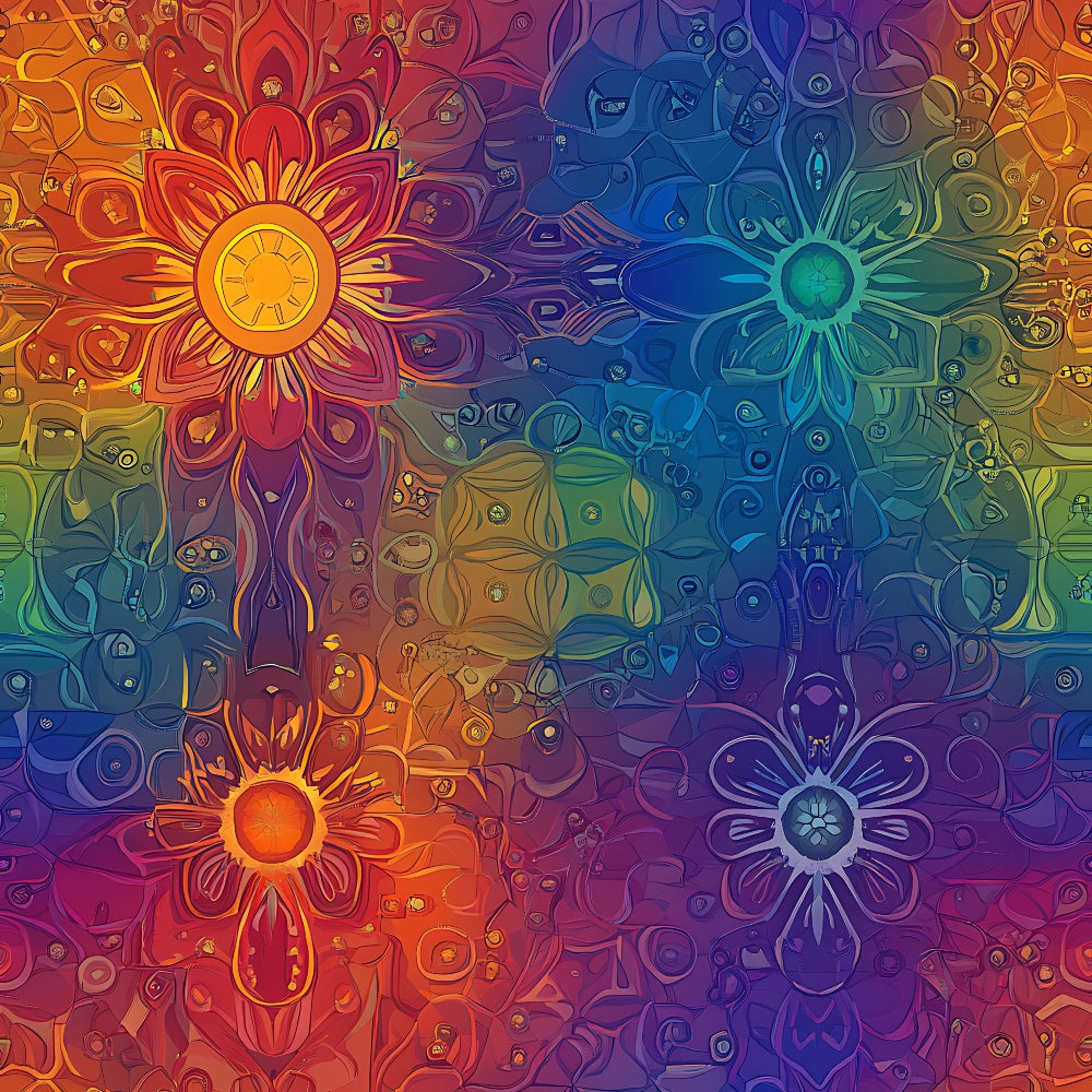 rainbow gradient, mandala flowers, geometric patterns, orange center, blue tones, purple hues, green accents, red orange, spiritual design, bohemian style, meditation motif, symmetrical flowers, psychedelic art, vibrant colors,, fabric panel, kaleidoscope effect, floral mandalas, artistic print, colorful blooms