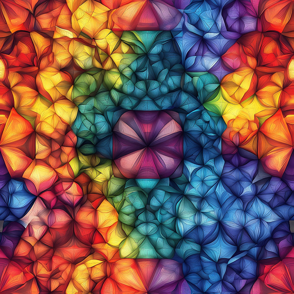 rainbow colors, mandala pattern, geometric design, kaleidoscope effect, red, orange, yellow, green, blue, purple, pink,, fabric panel, symmetrical design, radial pattern, vibrant colors, psychedelic style, bohemian, sacred geometry, meditation inspired