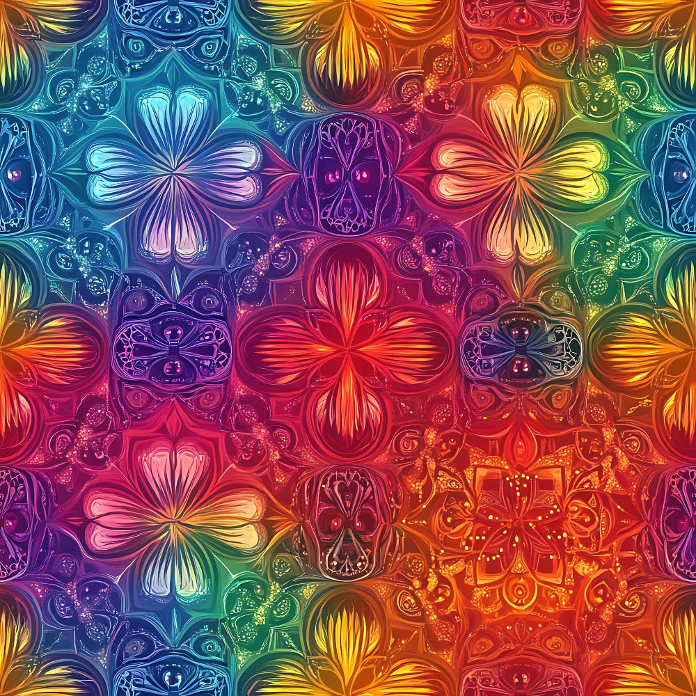 rainbow gradient, mandala design, geometric pattern, four-leaf clover, symmetrical motifs, vibrant colors, blue tones, purple hues, orange shades, green accents, red elements, yellow highlights, psychedelic art, bohemian style, spiritual symbols,, fabric panel, kaleidoscope effect, ornate details, flowing petals