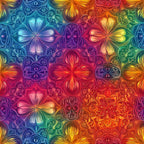 rainbow gradient, mandala design, geometric pattern, four-leaf clover, symmetrical motifs, vibrant colors, blue tones, purple hues, orange shades, green accents, red elements, yellow highlights, psychedelic art, bohemian style, spiritual symbols,, fabric panel, kaleidoscope effect, ornate details, flowing petals