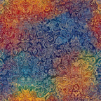 rainbow colors, mandala pattern, intricate swirls, circular motifs, red tones, blue hues, yellow accents, purple shades, green elements, orange gradients, paisley designs, bohemian style, mystical artwork,, fabric panel, spiritual symbols, cosmic patterns, jewel tones, decorative circles, artistic swirls
