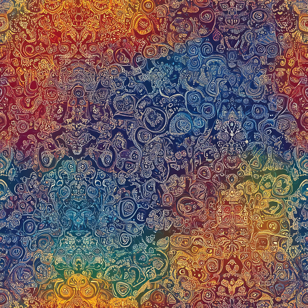 rainbow colors, mandala pattern, intricate swirls, circular motifs, red tones, blue hues, yellow accents, purple shades, green elements, orange gradients, paisley designs, bohemian style, mystical artwork,, fabric panel, spiritual symbols, cosmic patterns, jewel tones, decorative circles, artistic swirls