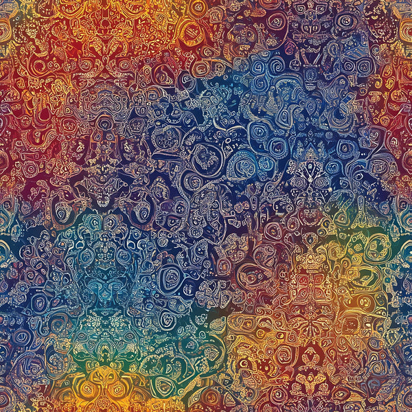 rainbow colors, mandala pattern, intricate swirls, circular motifs, red tones, blue hues, yellow accents, purple shades, green elements, orange gradients, paisley designs, bohemian style, mystical artwork,, fabric panel, spiritual symbols, cosmic patterns, jewel tones, decorative circles, artistic swirls