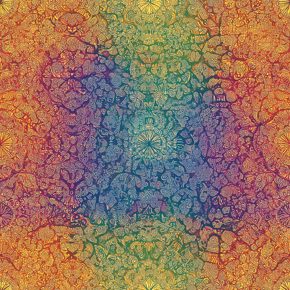 rainbow colors, mandala design, intricate patterns, geometric motifs, spiritual symbols, bohemian style, psychedelic art, vibrant hues, golden yellow, deep blue, emerald green, purple tones, orange shades,, fabric panel, meditative artwork, kaleidoscope effect, ornate details, swirling patterns, mystical design