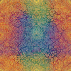 rainbow colors, mandala design, intricate patterns, geometric motifs, spiritual symbols, bohemian style, psychedelic art, vibrant hues, golden yellow, deep blue, emerald green, purple tones, orange shades,, fabric panel, meditative artwork, kaleidoscope effect, ornate details, swirling patterns, mystical design