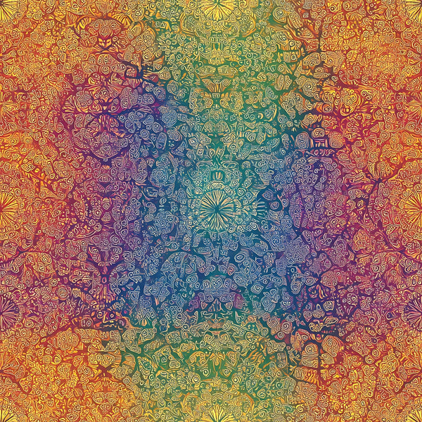rainbow colors, mandala design, intricate patterns, geometric motifs, spiritual symbols, bohemian style, psychedelic art, vibrant hues, golden yellow, deep blue, emerald green, purple tones, orange shades,, fabric panel, meditative artwork, kaleidoscope effect, ornate details, swirling patterns, mystical design