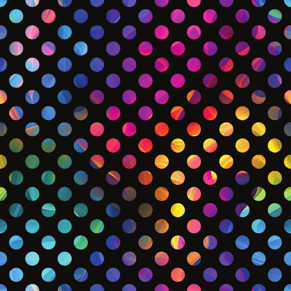 rainbow gradient, polka dots, circular pattern, multicolored circles, vibrant colors, geometric design,, fabric panel, neon pink, electric blue, turquoise, yellow, orange, purple, green, black background, repeating pattern, modern abstract, colorful dots, contemporary design