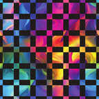 rainbow colors, smoke swirls, abstract patterns, blue tones, purple hues, pink shades, yellow accents, orange gradients, turquoise, magenta, checkerboard layout, flowing waves, digital art style, vibrant colors,, fabric panel, modern design, geometric squares, color gradient, artistic swirls