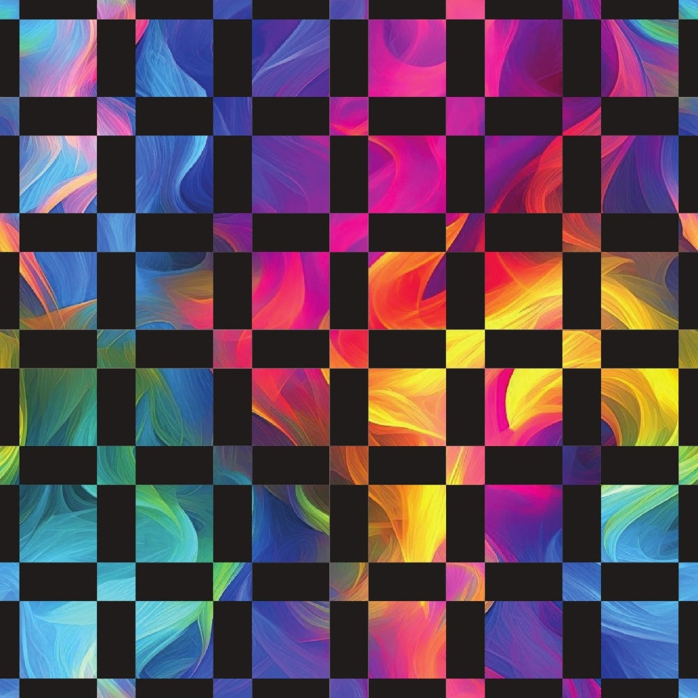 rainbow colors, smoke swirls, abstract patterns, blue tones, purple hues, pink shades, yellow accents, orange gradients, turquoise, magenta, checkerboard layout, flowing waves, digital art style, vibrant colors,, fabric panel, modern design, geometric squares, color gradient, artistic swirls