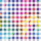 rainbow colors, smoke pattern, geometric squares, gradient effects, vibrant hues, purple, pink, blue, yellow, orange, green, turquoise,, fabric panel, color transition, abstract design, bright colors, multicolored, prismatic effect, cotton fabric