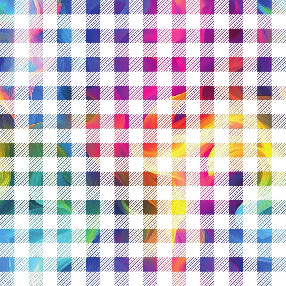 rainbow colors, smoke pattern, geometric squares, gradient effects, vibrant hues, purple, pink, blue, yellow, orange, green, turquoise,, fabric panel, color transition, abstract design, bright colors, multicolored, prismatic effect, cotton fabric