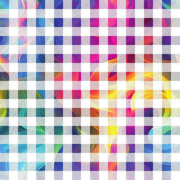 rainbow colors, smoke pattern, geometric squares, gradient effects, vibrant hues, purple, pink, blue, yellow, orange, green, turquoise,, fabric panel, color transition, abstract design, bright colors, multicolored, prismatic effect, cotton fabric