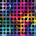 rainbow colors, smoke swirls, abstract pattern, vibrant hues, blue, purple, pink, yellow, orange, green, teal, checkered overlay, geometric design, flowing smoke, colorful gradients,, fabric panel, modern abstract, prismatic colors, diagonal stripes