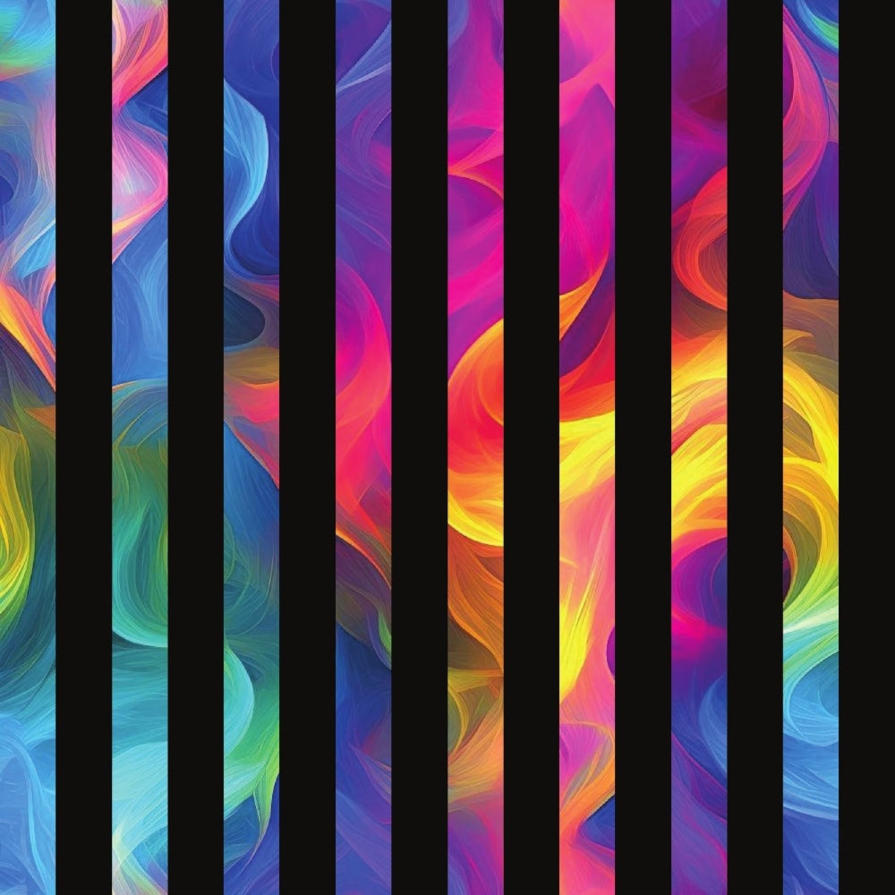 rainbow colors, vibrant stripes, swirling smoke, fluid patterns, abstract design, vertical bands, digital print, quilting cotton, fabric panel, blue gradients, pink hues, yellow accents, orange tones, purple shades, green highlights, flowing waves, modern art style, contemporary pattern, geometric stripes, colorful spectrum