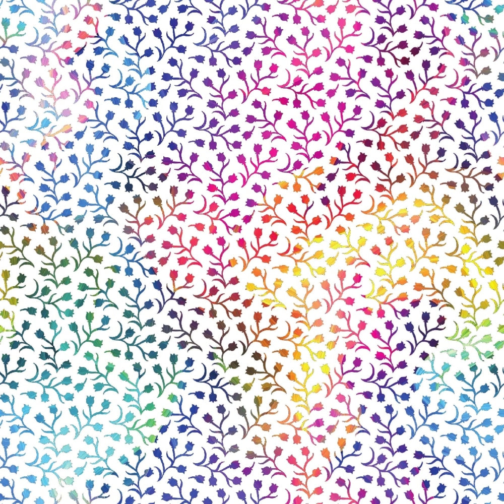 rainbow gradient, floral branches, botanical pattern, multicolor design, tulip flowers, vine motifs, watercolor effect, smoke transition, spectrum colors,, fabric panel, purple hues, blue tones, pink shades, yellow accents, green elements, orange highlights, delicate florals, nature inspired, spring blooms