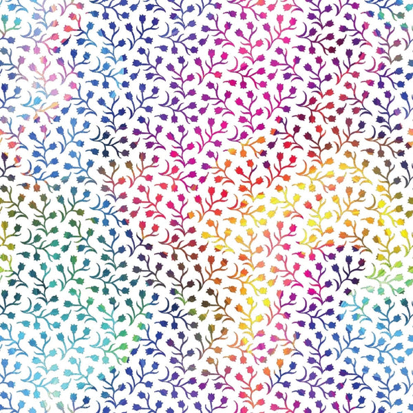 rainbow gradient, floral branches, botanical pattern, multicolor design, tulip flowers, vine motifs, watercolor effect, smoke transition, spectrum colors,, fabric panel, purple hues, blue tones, pink shades, yellow accents, green elements, orange highlights, delicate florals, nature inspired, spring blooms