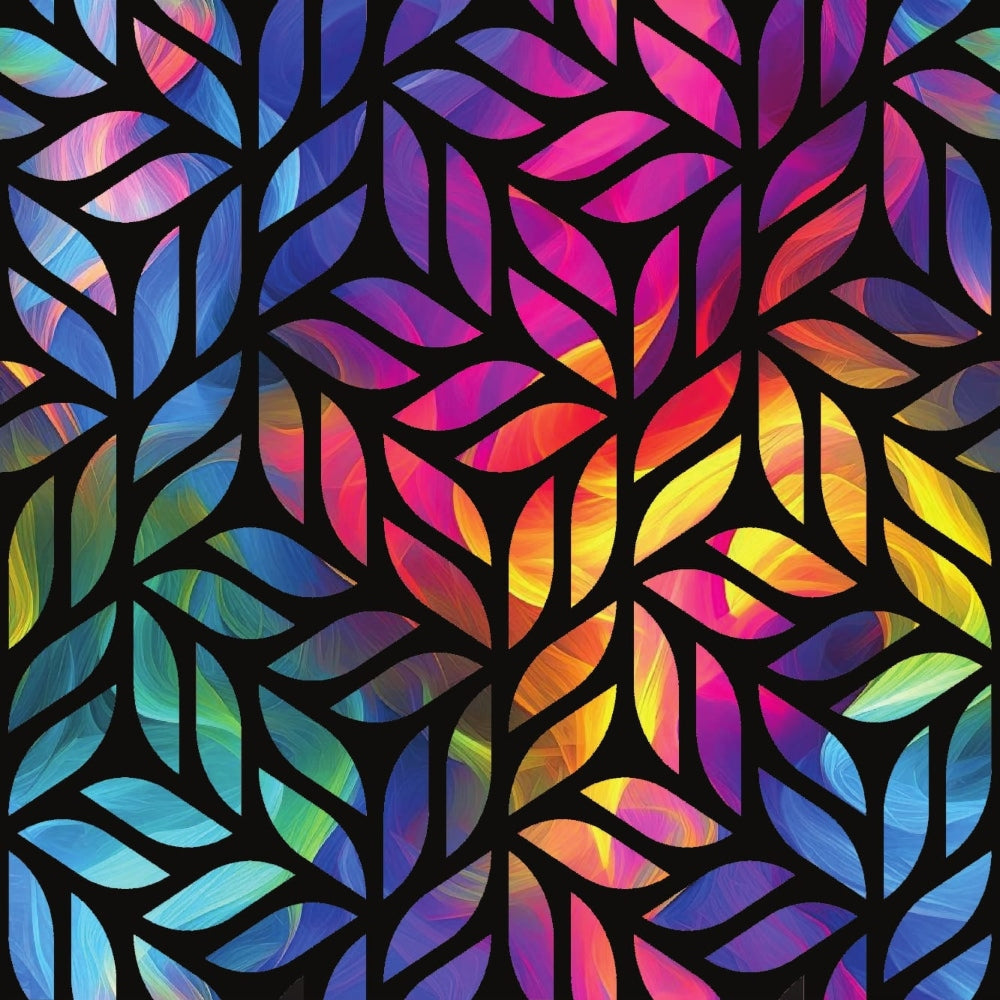 rainbow gradient, iridescent leaves, botanical pattern, leaf motif, vibrant purple, electric pink, neon blue, yellow accents, black background,, fabric panel, holographic effect, nature design, foliage pattern, colorful branches, psychedelic colors, modern art style, rainbow smoke, prismatic hues, tropical vibes