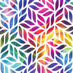 rainbow colors, vibrant leaves, leaf pattern, botanical design, geometric layout, multicolored foliage, bright pink, electric blue, sunny yellow, orange gradients, purple hues, teal accents, modern art style, contemporary pattern,, fabric panel, tropical vibes, nature motif, abstract leaves, colorful branches