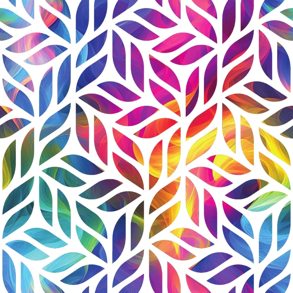 rainbow colors, vibrant leaves, leaf pattern, botanical design, geometric layout, multicolored foliage, bright pink, electric blue, sunny yellow, orange gradients, purple hues, teal accents, modern art style, contemporary pattern,, fabric panel, tropical vibes, nature motif, abstract leaves, colorful branches