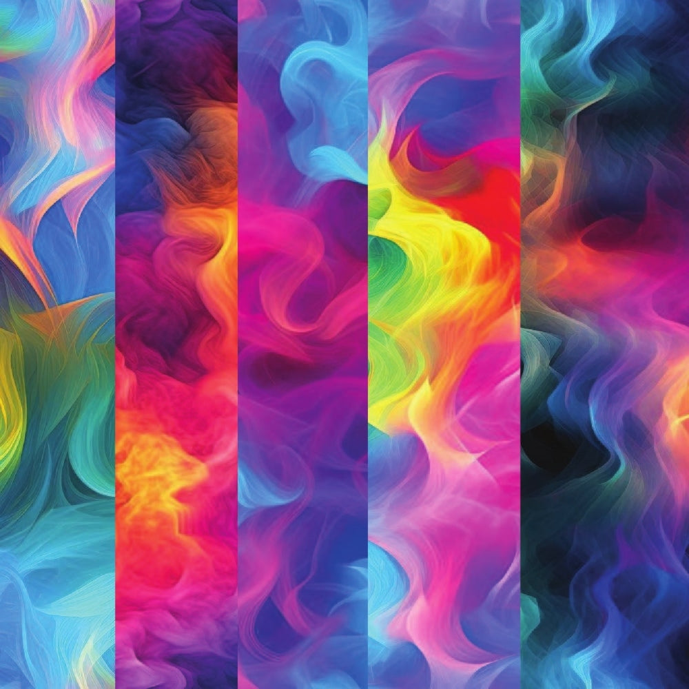 vibrant colors, rainbow smoke, swirling patterns, fluid designs, abstract art, digital smoke, flowing waves, bright pink, electric blue, golden yellow, turquoise, purple hues, orange tones, quilting cotton, fabric panel, modern style, contemporary art, colorful swirls, dynamic movement, artistic strips
