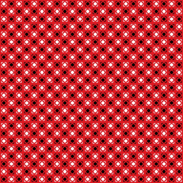 Pattern of small red and black squares with clover-shaped white elements, repeated across the image.