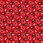 Red background with a repeating paisley pattern in black and white, featuring small flowers within the paisley shapes.