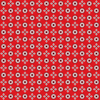 Red background with a repeating pattern of small white and black floral motifs arranged in rows.