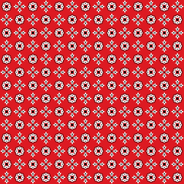 Red background with a repeating pattern of small white and black floral motifs arranged in rows.