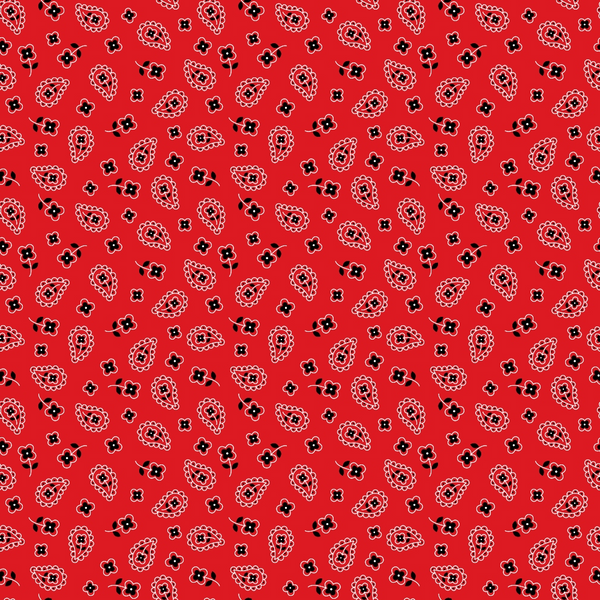 Red paisley pattern with black and white accents, featuring intricate designs and small floral motifs scattered uniformly across the background.